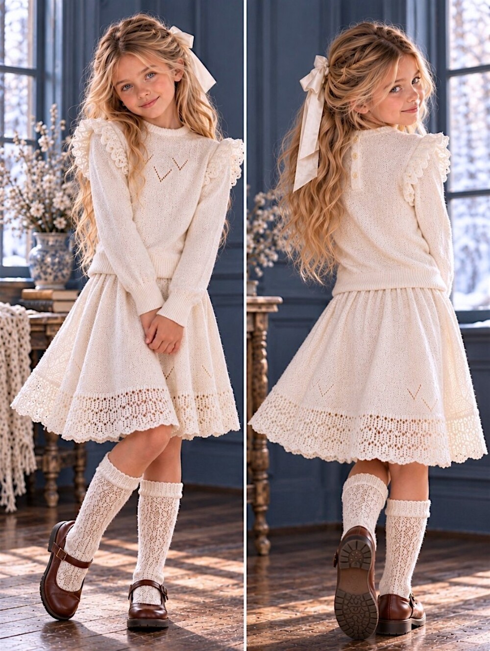 Italian Rita Vtg Girls Knit Skirt Set Ivory 8 10 Ruffle Sweater Cottagecore Prep